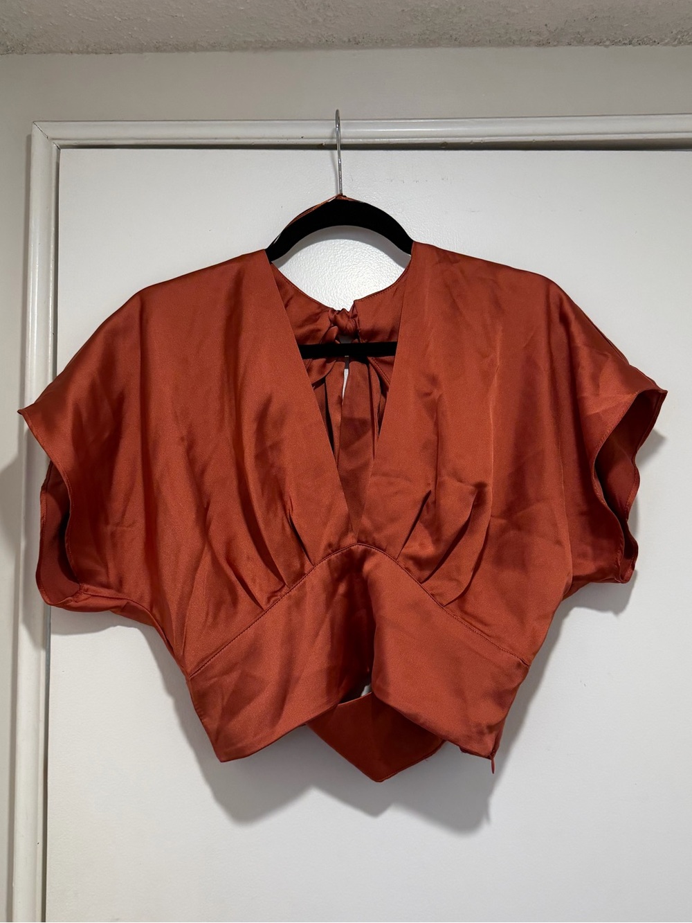 Zara Satin Rust-Orange V-Neck Crop Top